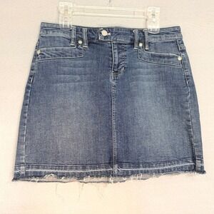 White House Black Market Denim Mini Skirt Womens Size 6 Blue Cotton Raw Hem Y2K